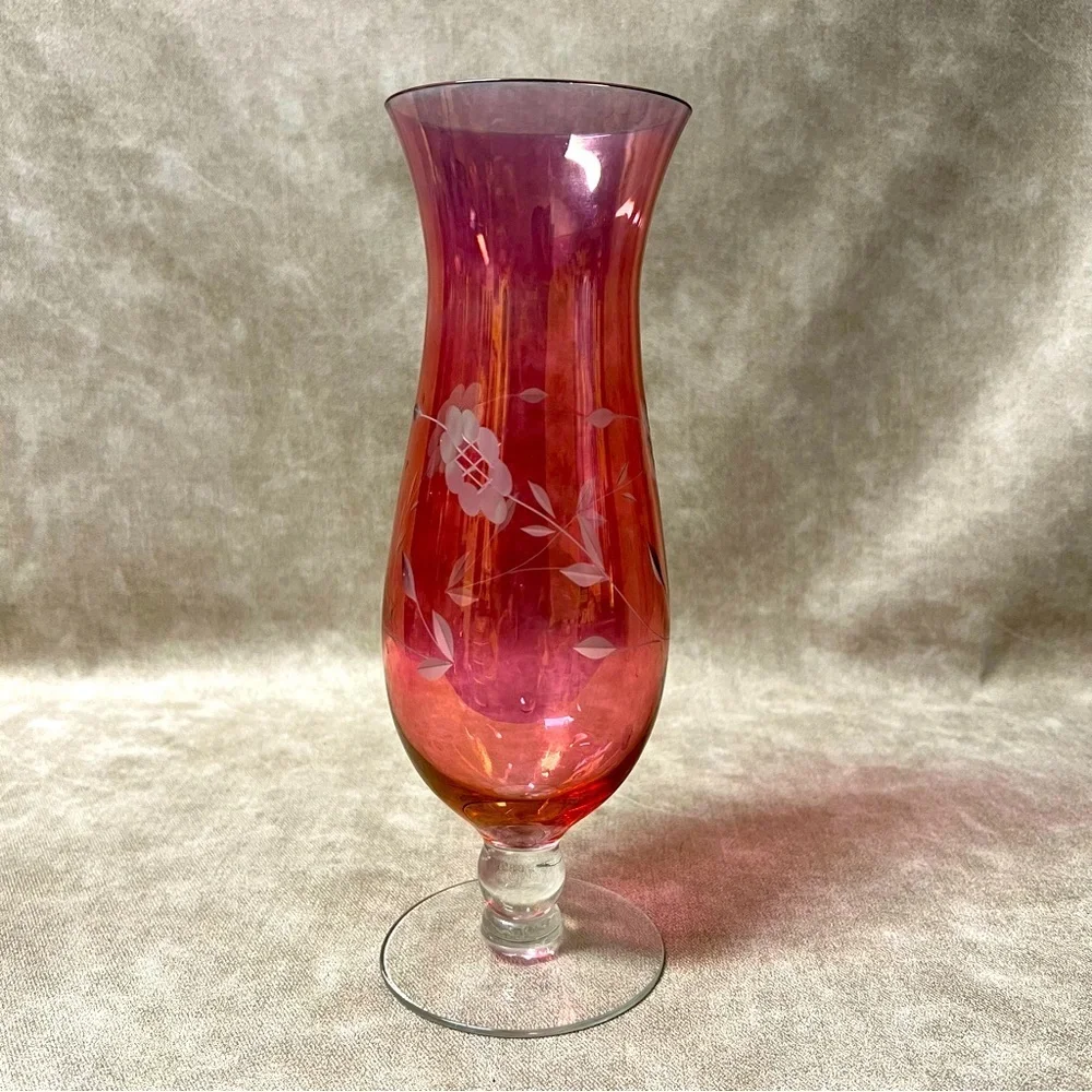 Red Flash Etched Floral and Leaf Glass Hurricane Vase